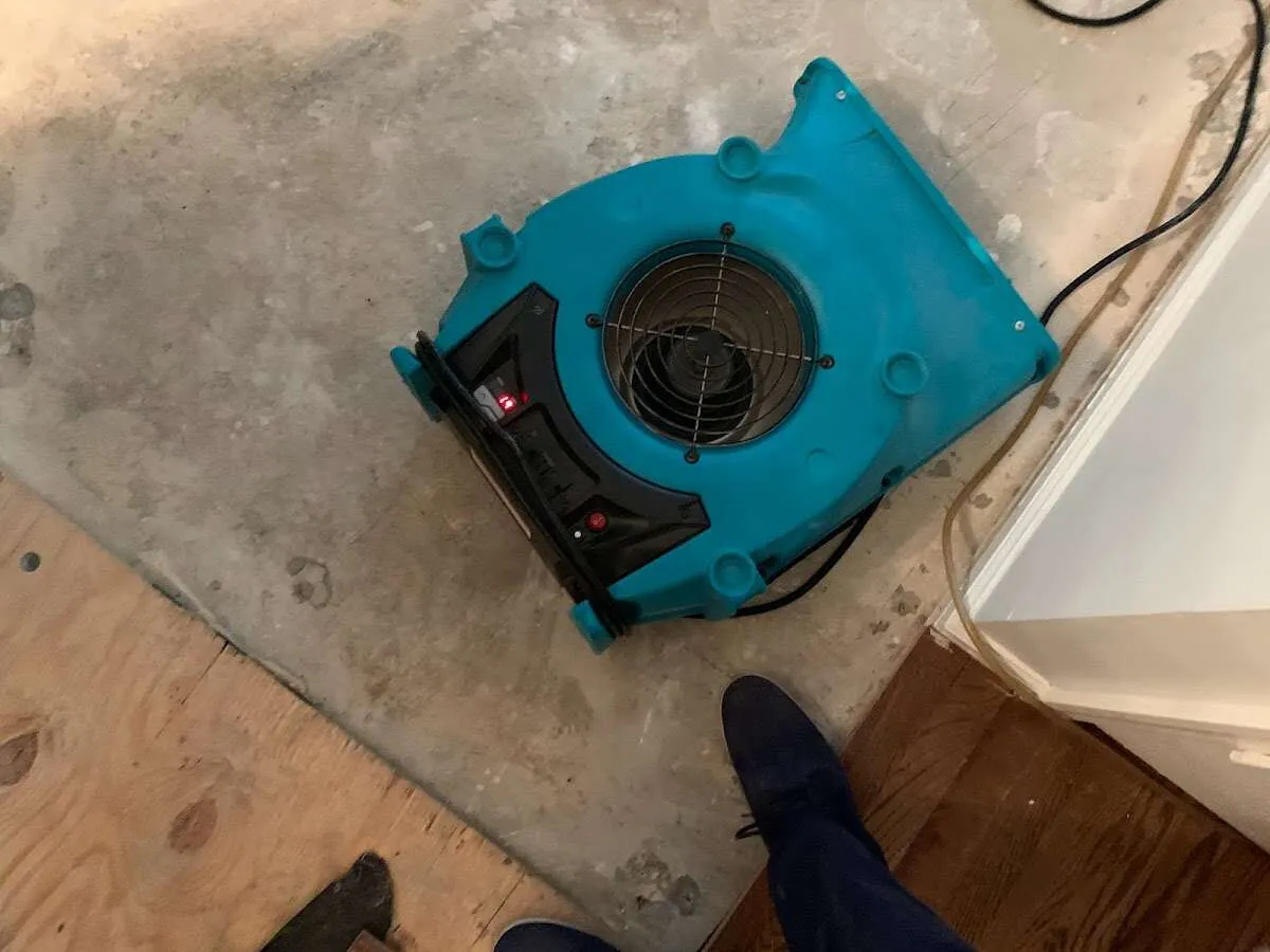 Air mover drying subfloor during Leak Detection & Repair in Bellefonte